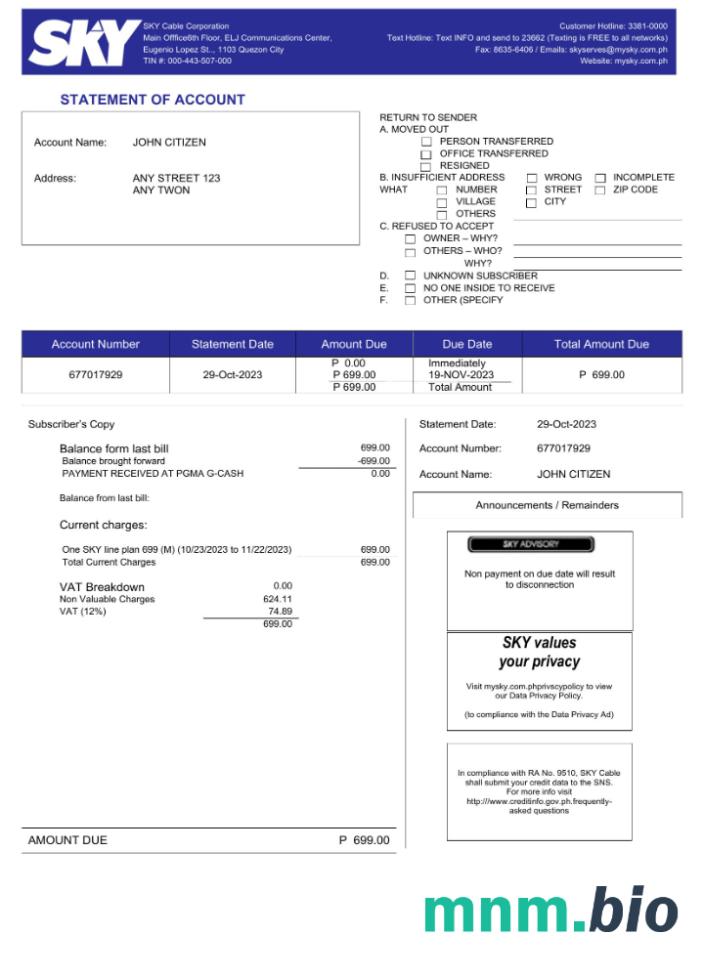 Filipiny Sky Cable Corporation rachunek za media Word i szablon PDF